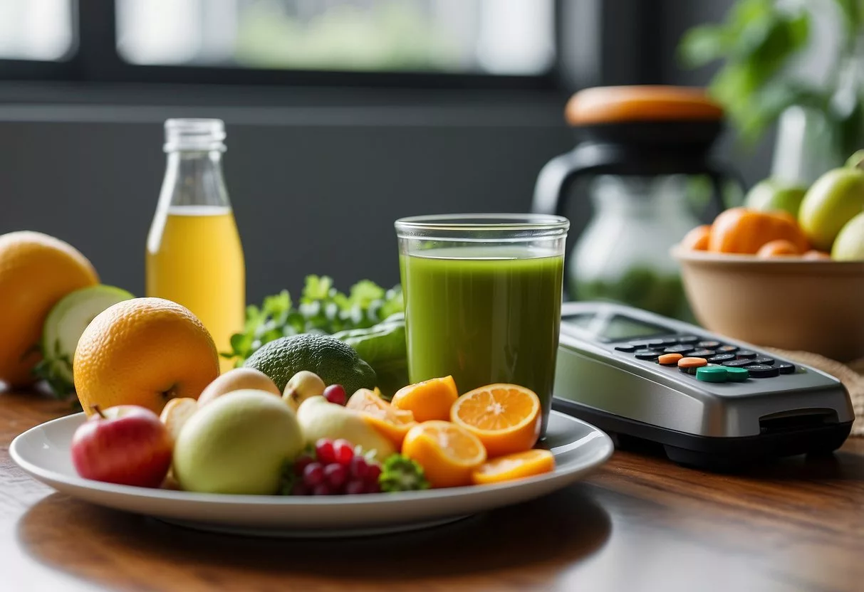 A table with healthy foods, a treadmill, and a medicine bottle