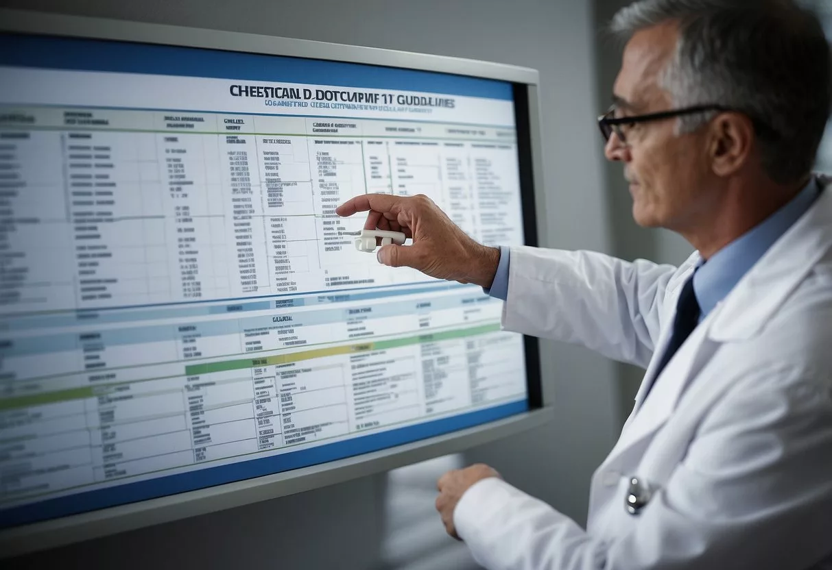 A doctor discusses cholesterol management with a patient, pointing to a chart of clinical guidelines