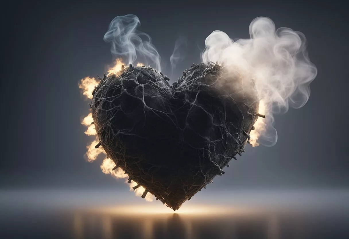 A dark, shadowy heart with smoke billowing around it, showing the negative effects of smoking on cardiovascular health