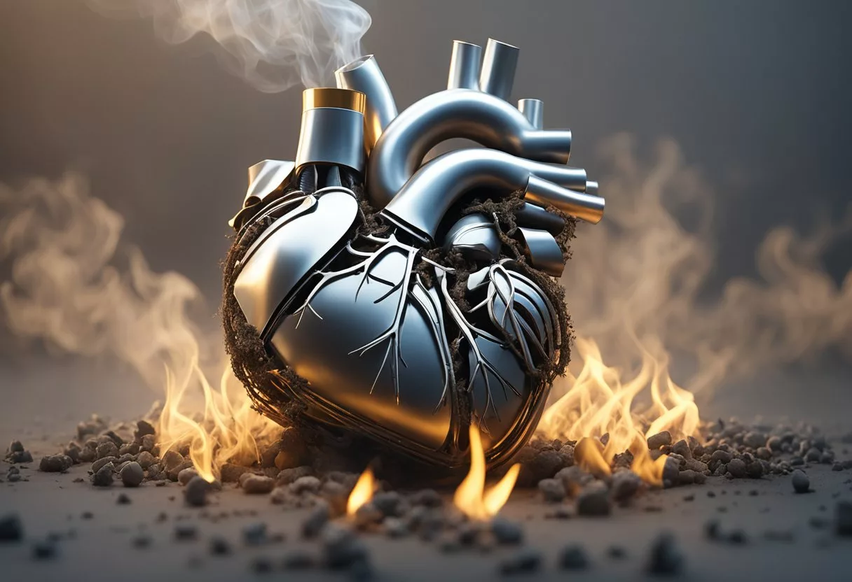 A cigarette burning next to a healthy heart, surrounded by clogged arteries and smoke
