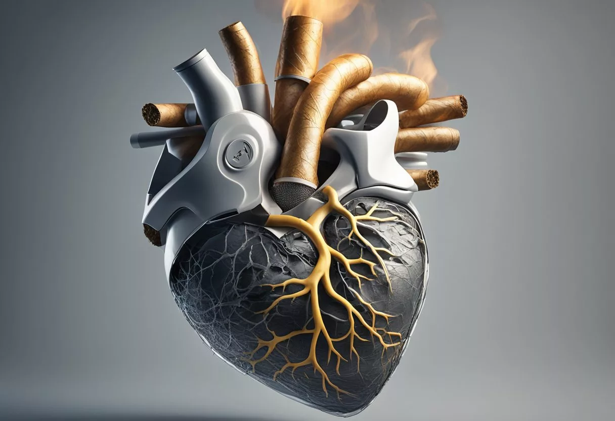 A cigarette burning next to a healthy heart, surrounded by arteries and blood vessels, with smoke swirling around the organ