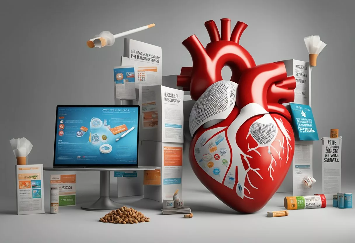 A non-smoking campaign poster shows a healthy heart surrounded by educational materials and anti-smoking messages