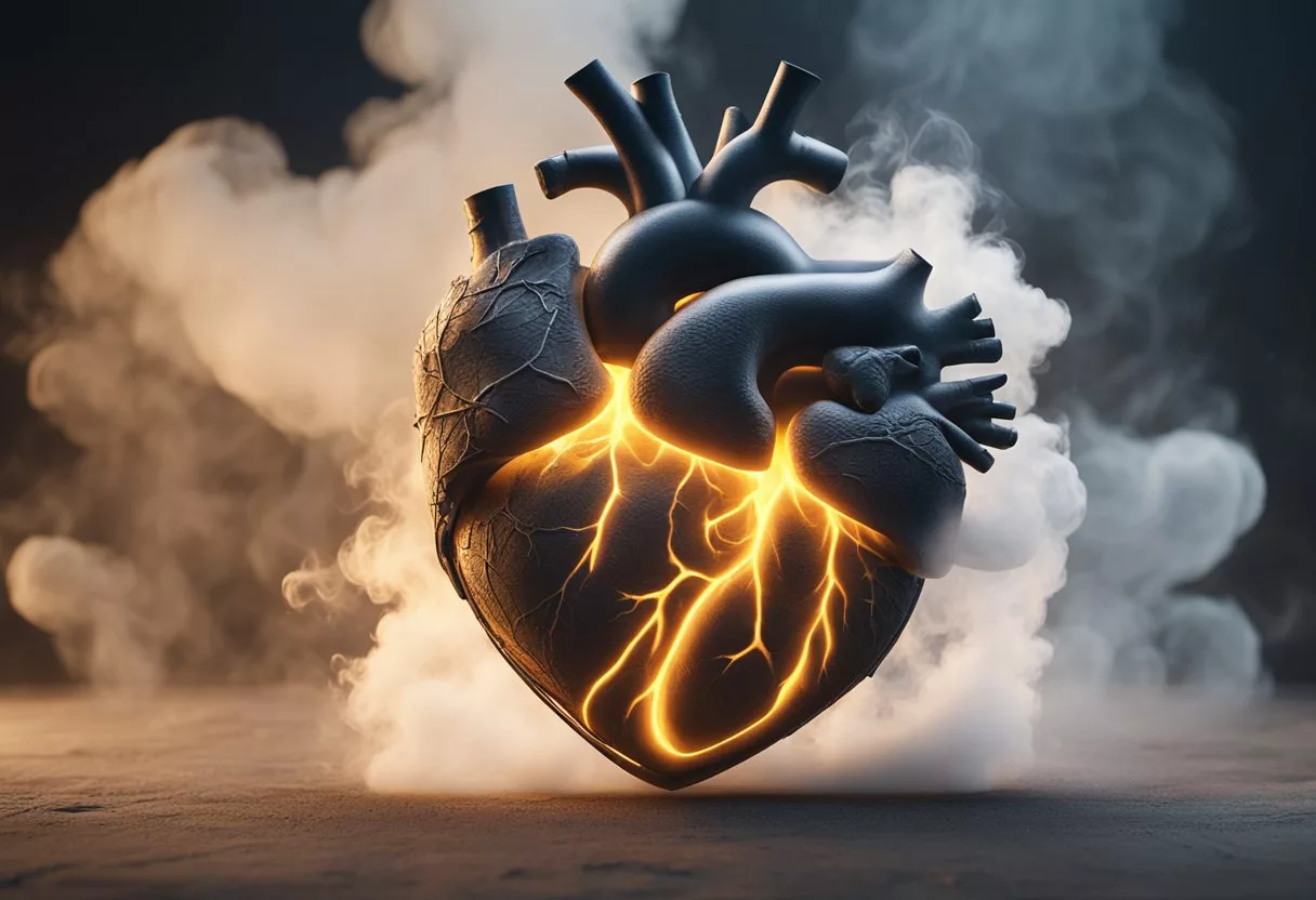 A heart surrounded by smoke, then clearing to reveal a healthy, vibrant heart