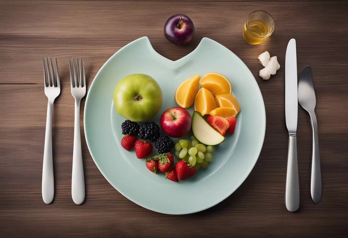 A table filled with colorful fruits, vegetables, whole grains, and lean proteins. A heart symbol is displayed next to a plate of balanced, nutritious food
