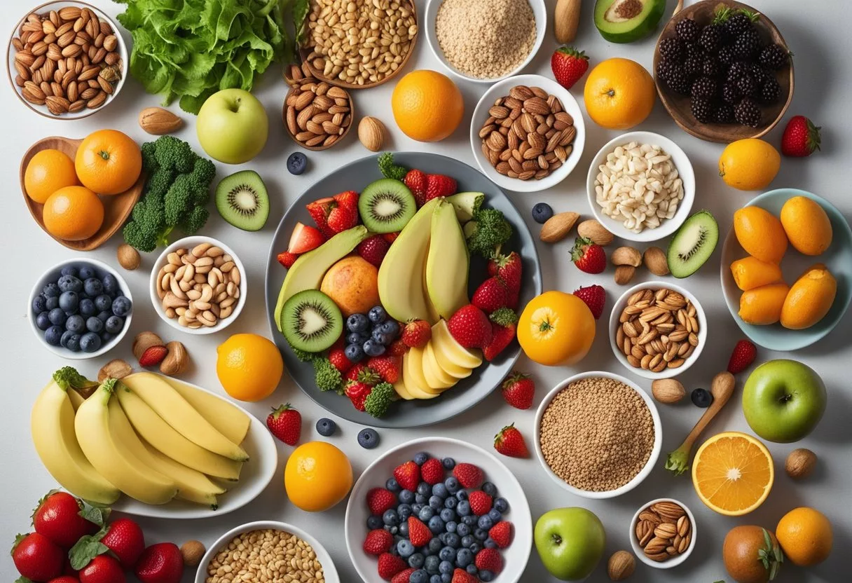 A colorful plate filled with fruits, vegetables, whole grains, and lean proteins, surrounded by icons of heart-healthy foods like nuts, seeds, and fish