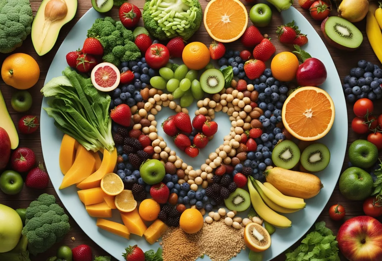 A colorful spread of fruits, vegetables, whole grains, and lean proteins, with a heart in the center surrounded by a circle of debunked myths