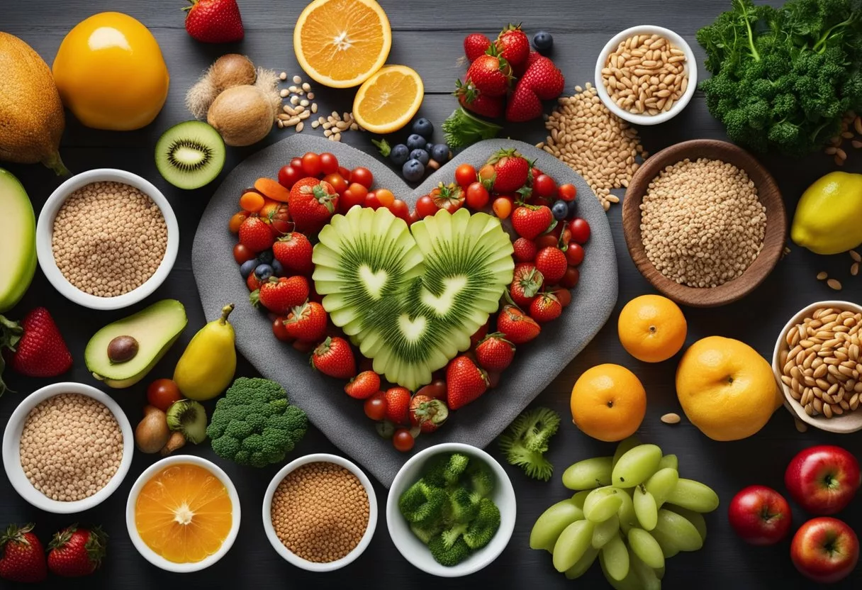 A colorful spread of fruits, vegetables, whole grains, and lean proteins arranged on a table, with a heart symbol in the background