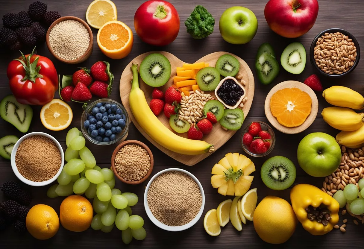 A colorful array of fruits, vegetables, whole grains, and lean proteins arranged on a table, with a heart symbol in the center