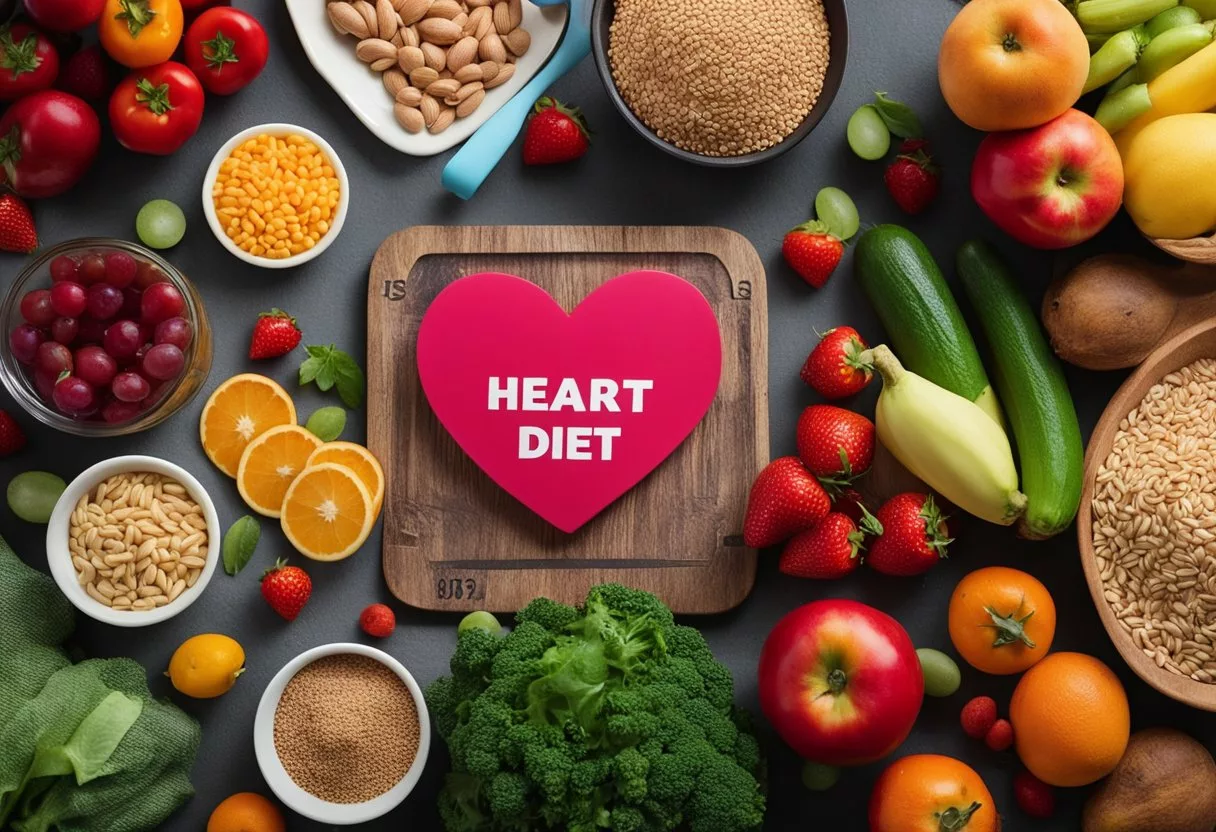 A table with colorful fruits, vegetables, whole grains, and lean proteins. A heart-shaped symbol with "heart-healthy diet" written on it. A measuring tape and a water bottle nearby
