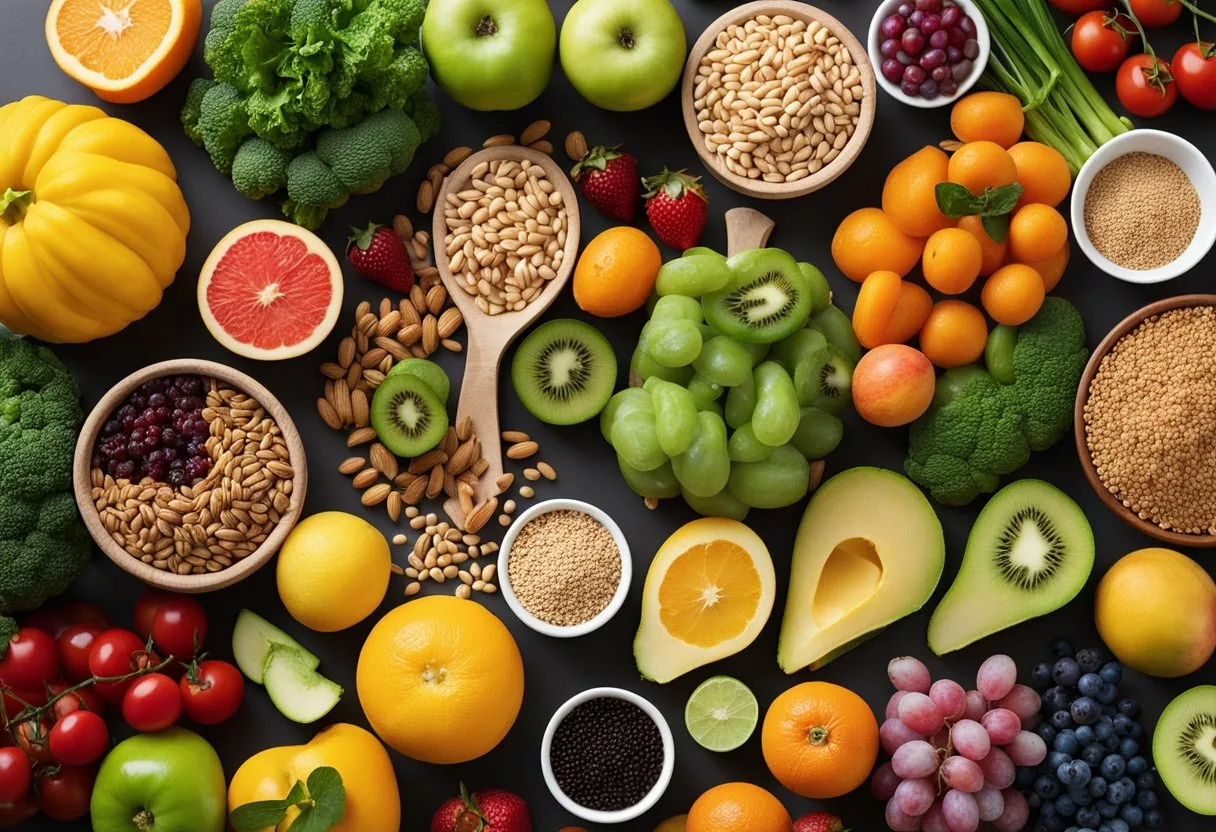 A colorful array of fruits, vegetables, whole grains, and lean proteins arranged on a table, with a heart symbol in the background