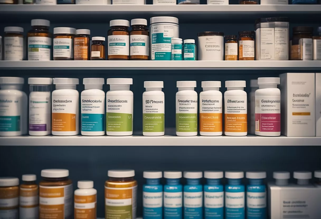 Various cardiovascular medications arranged on a pharmacy shelf. Labels clearly visible. Bright lighting highlights the different classes of drugs