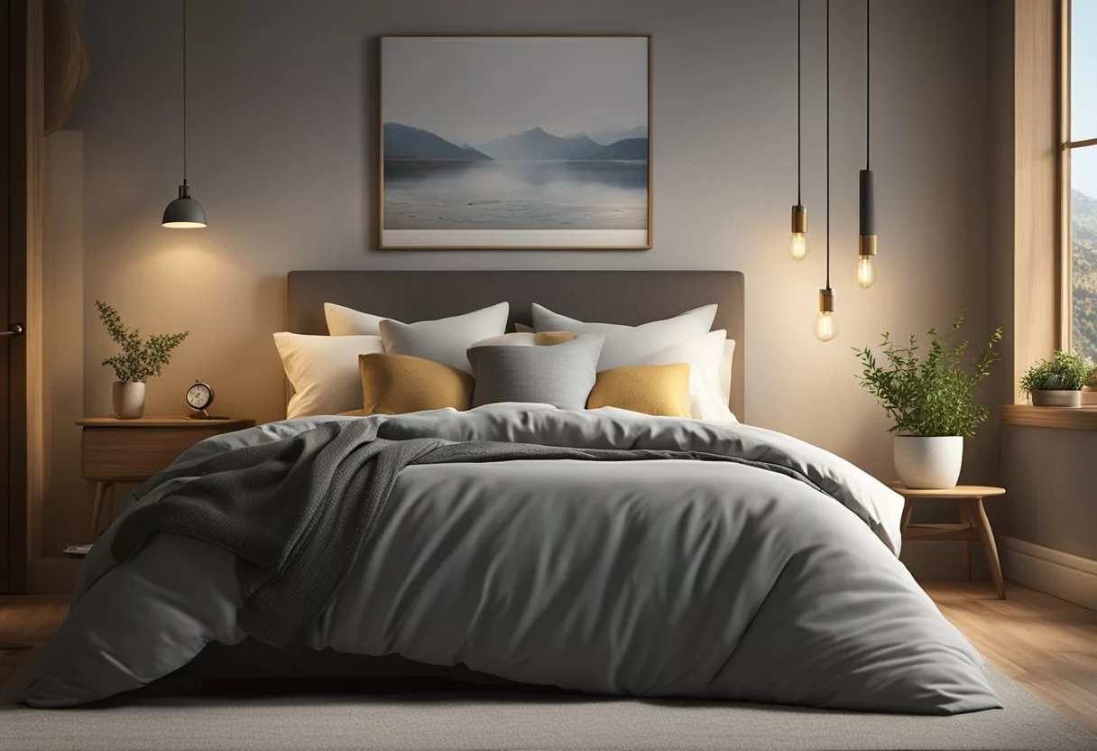 A cozy bedroom with a dimly lit lamp, a comfortable bed with soft pillows and a warm blanket, a clock on the nightstand ticking away, and a serene atmosphere conducive to relaxation and sleep