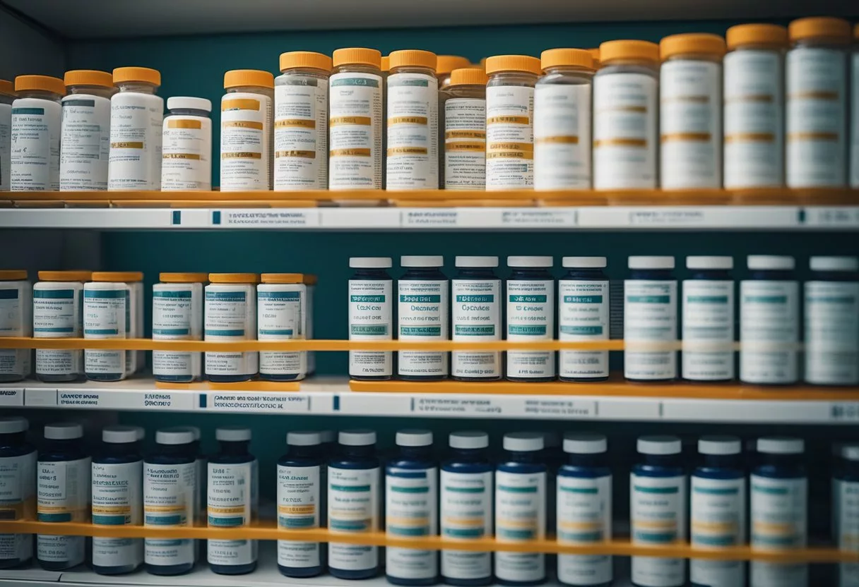 Various antihypertensive medications arranged on a pharmacy shelf, with labels and packaging clearly visible, representing the diverse options available for managing cardiovascular health