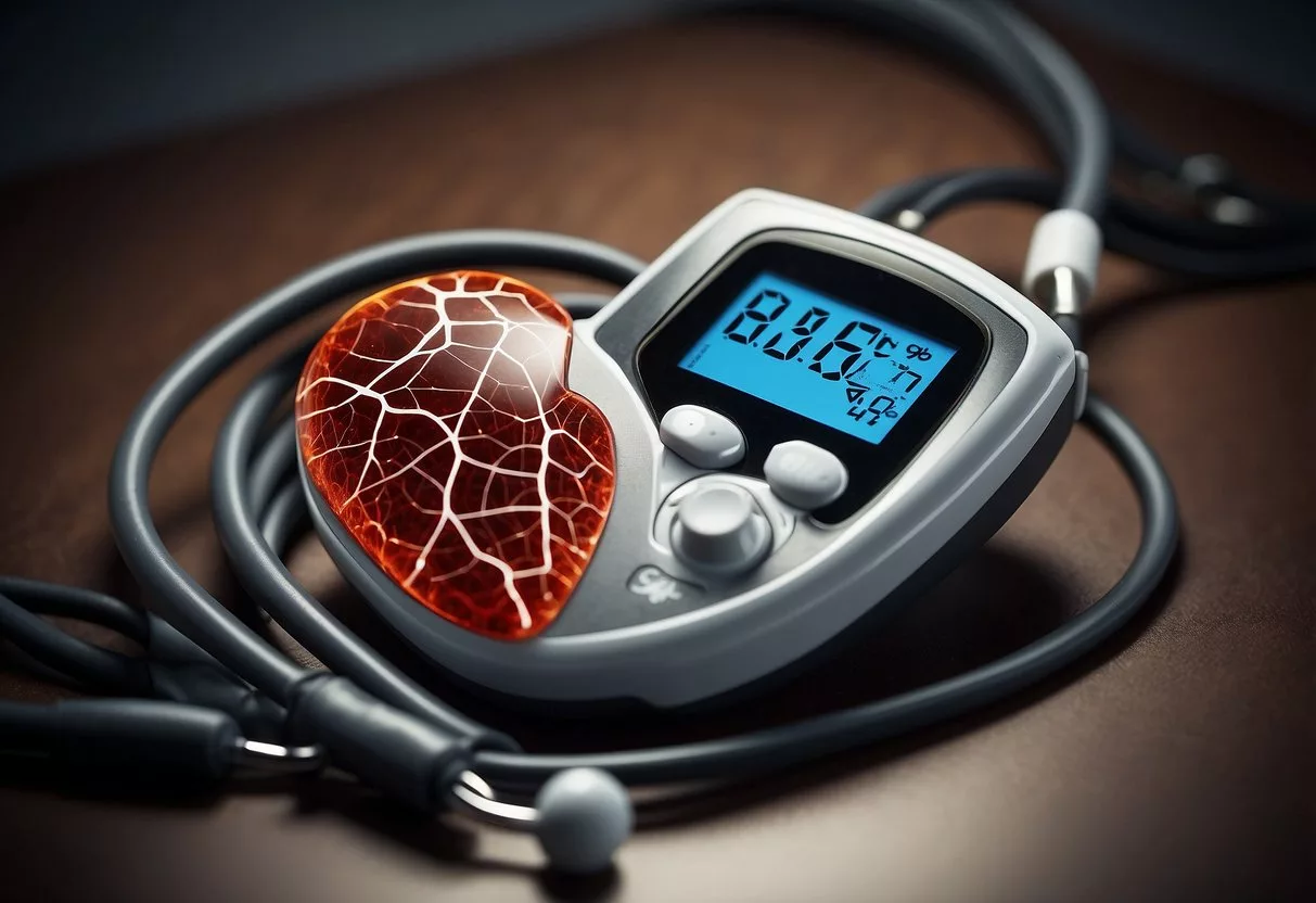 A heart with a blood vessel network, surrounded by a blood glucose meter and a stethoscope, symbolizing the link between diabetes and cardiovascular disease