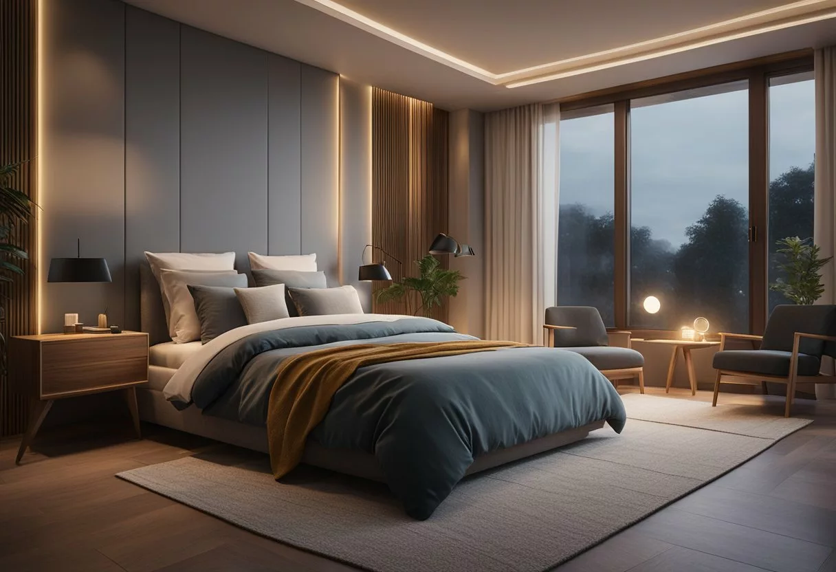 A cozy bedroom with dim lighting, a comfortable bed, and a soothing atmosphere conducive to relaxation and sleep