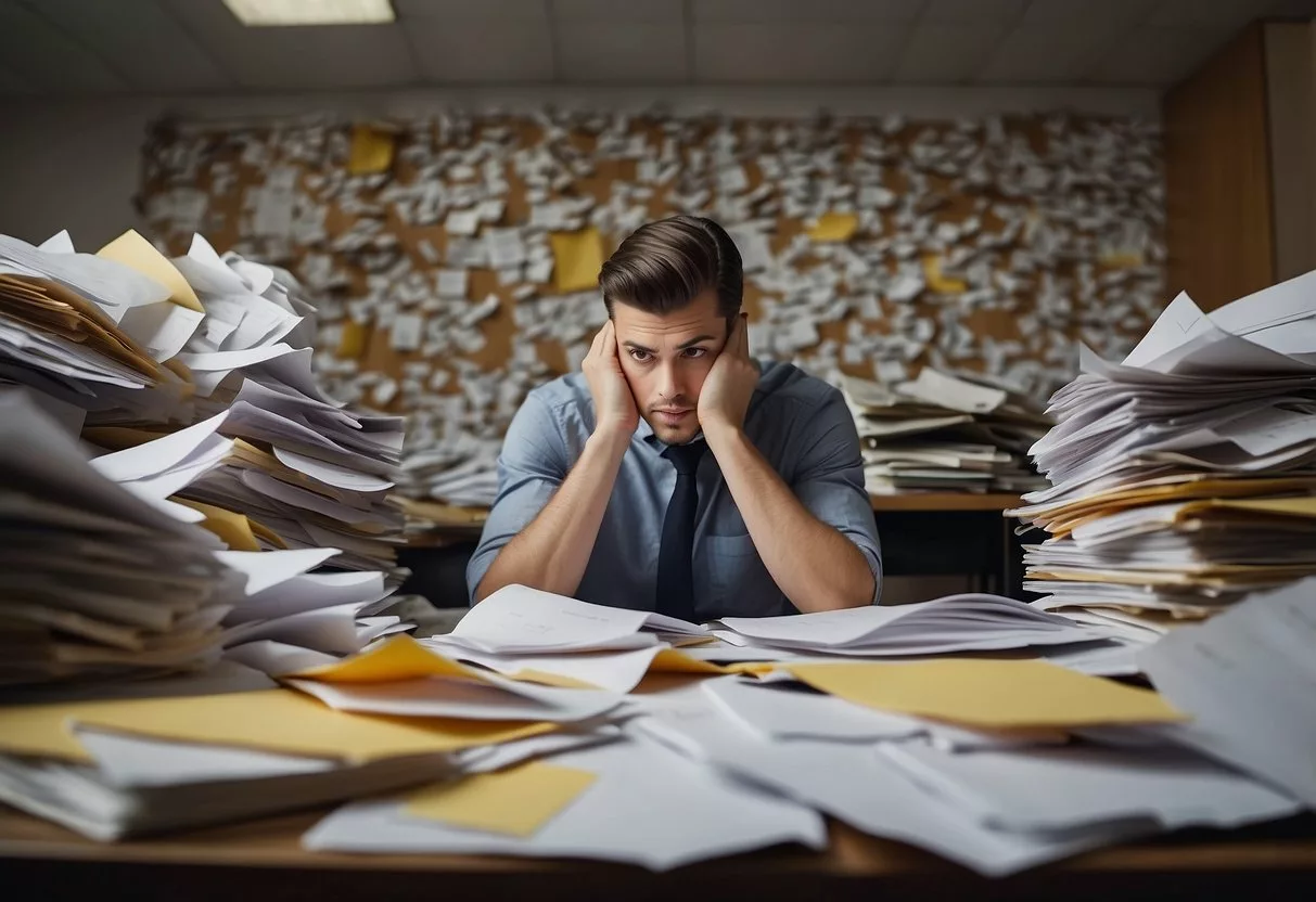 A person sitting at a desk with a pile of work and a worried expression, surrounded by a chaotic environment with papers scattered everywhere