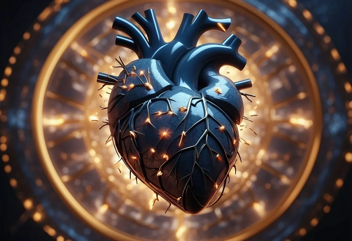 A heart surrounded by swirling, jagged lines representing stress, with arrows pointing towards the heart, illustrating the connection between stress and cardiovascular disease