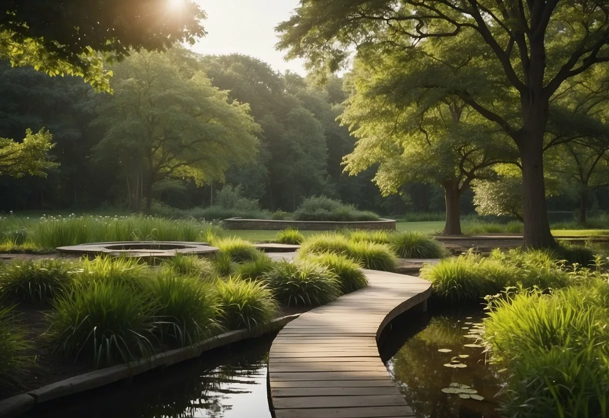 A serene park setting with a winding path, lush greenery, and a peaceful pond, surrounded by calming nature sounds