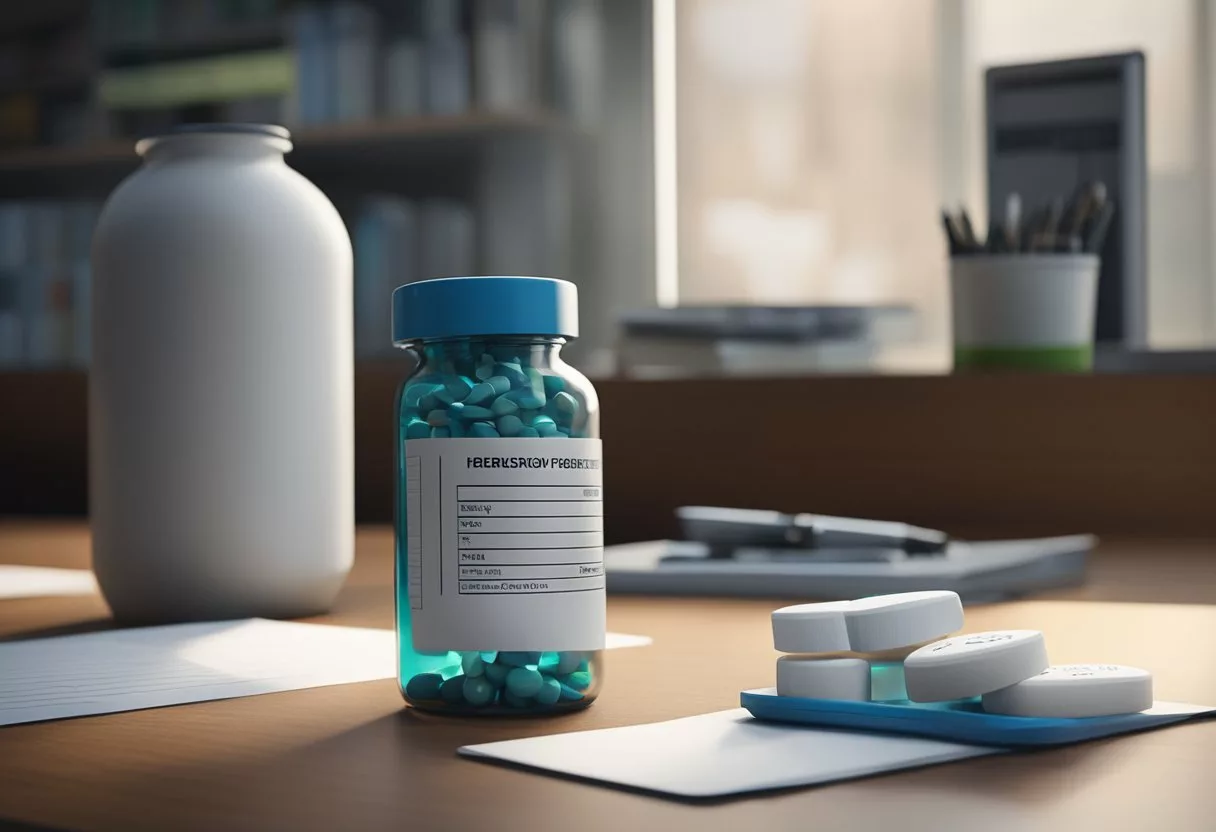 A pill bottle and a prescription pad on a doctor's desk