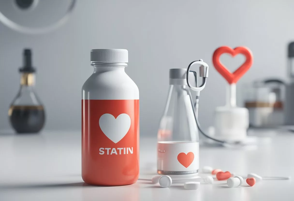 A bottle of statin medication on a clean, white surface with a stethoscope and heart-shaped symbol in the background