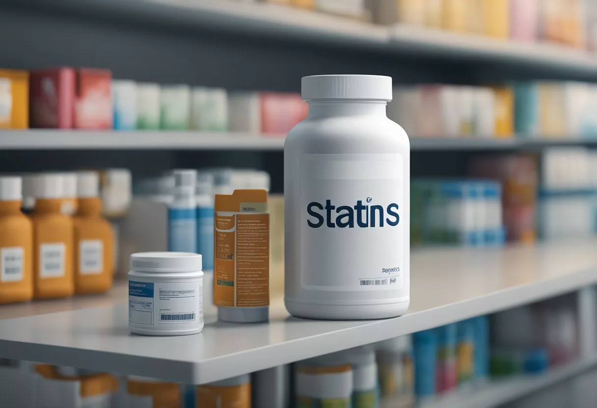 A bottle of statins sits on a pharmacy shelf, with a prescription pad and stethoscope nearby. A heart health pamphlet lies open on the counter
