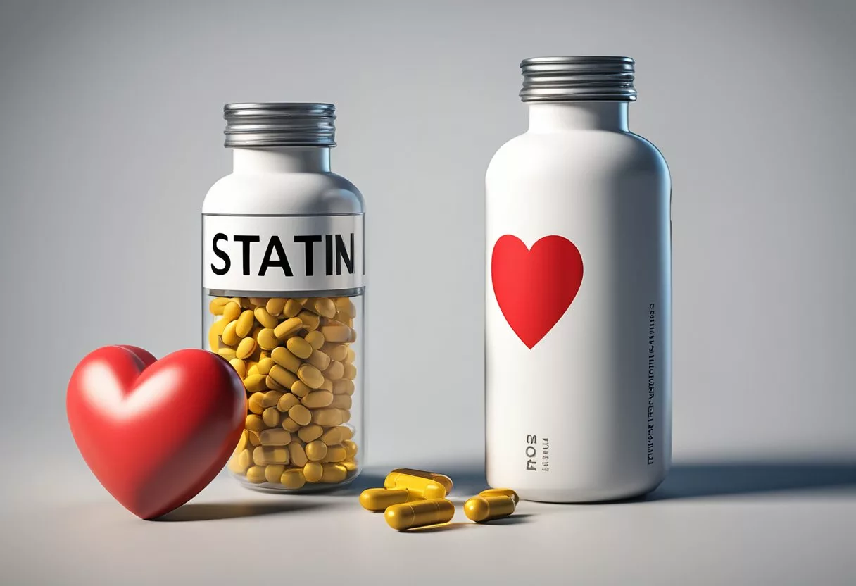 A pill bottle and a heart-shaped diagram with arrows pointing to the benefits of statin therapy for cardiovascular disease