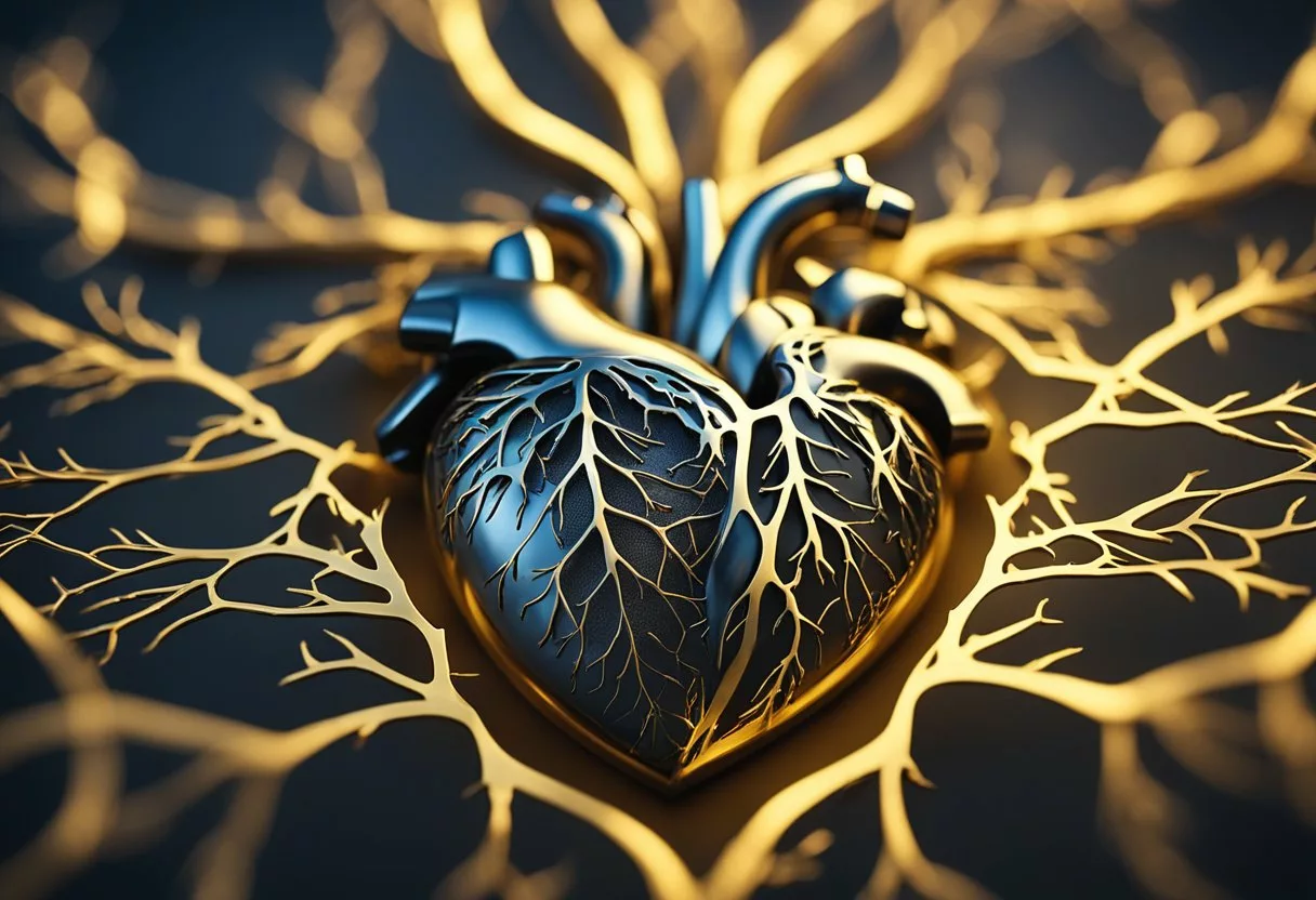 A heart surrounded by a golden glow, with arteries and veins branching out, showcasing the cardiovascular benefits of semaglutide