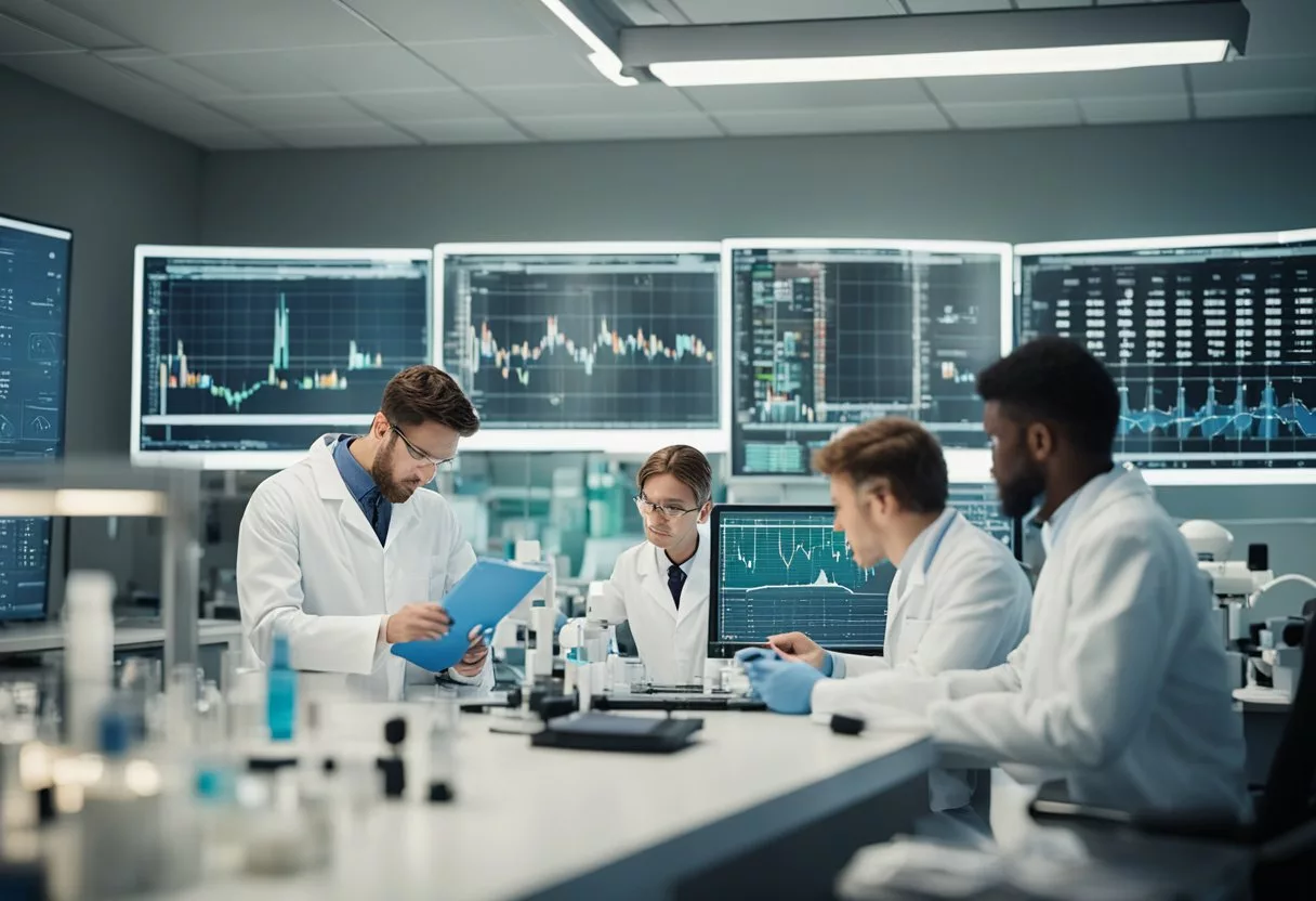 A group of scientists in a lab setting, analyzing data and charts related to cardiovascular benefits of semaglutide