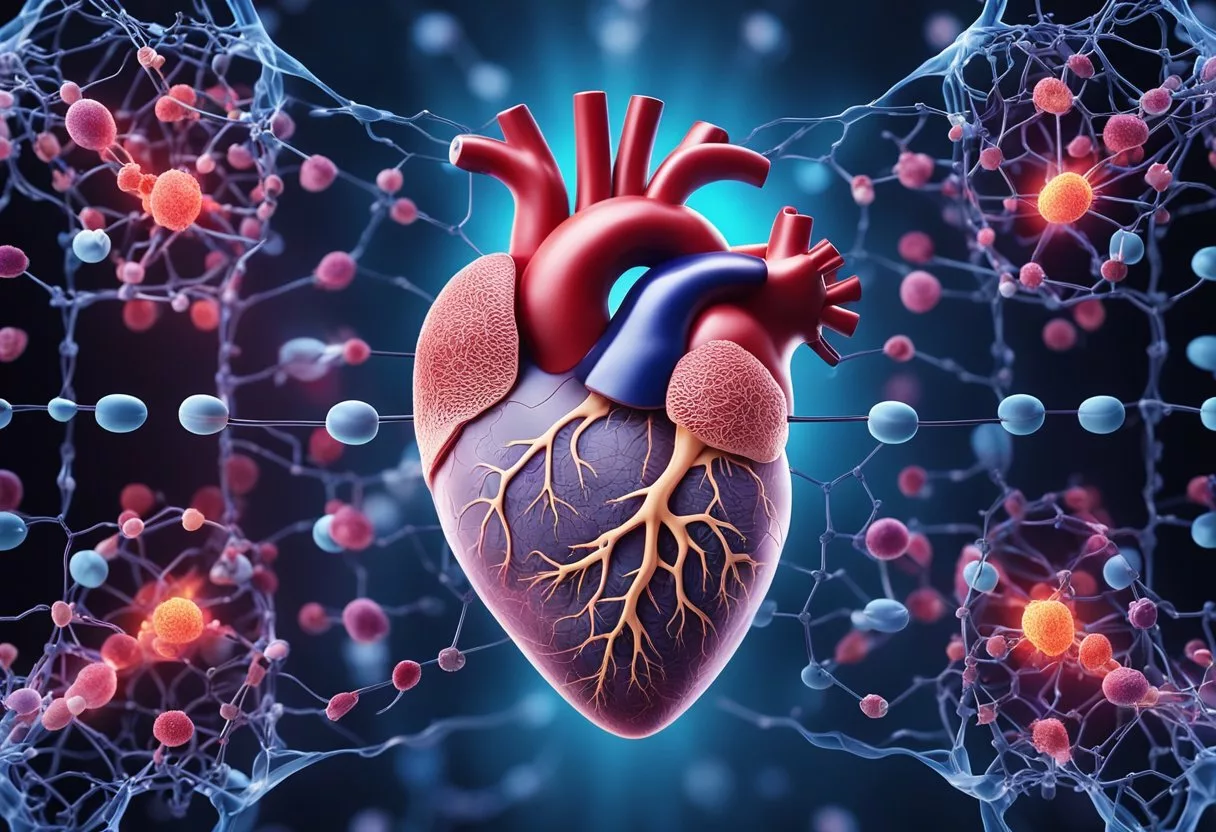 A heart surrounded by semaglutide molecules, with arteries and veins visibly widening and clearing, illustrating the cardiovascular benefits of the drug