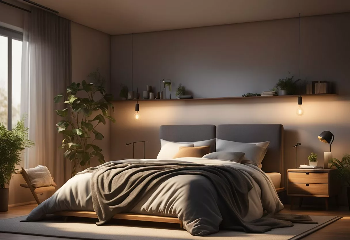 A dimly lit bedroom with a cozy bed, soft pillows, and a warm blanket. A clock on the nightstand shows the time. A soothing sound machine plays calming nature sounds