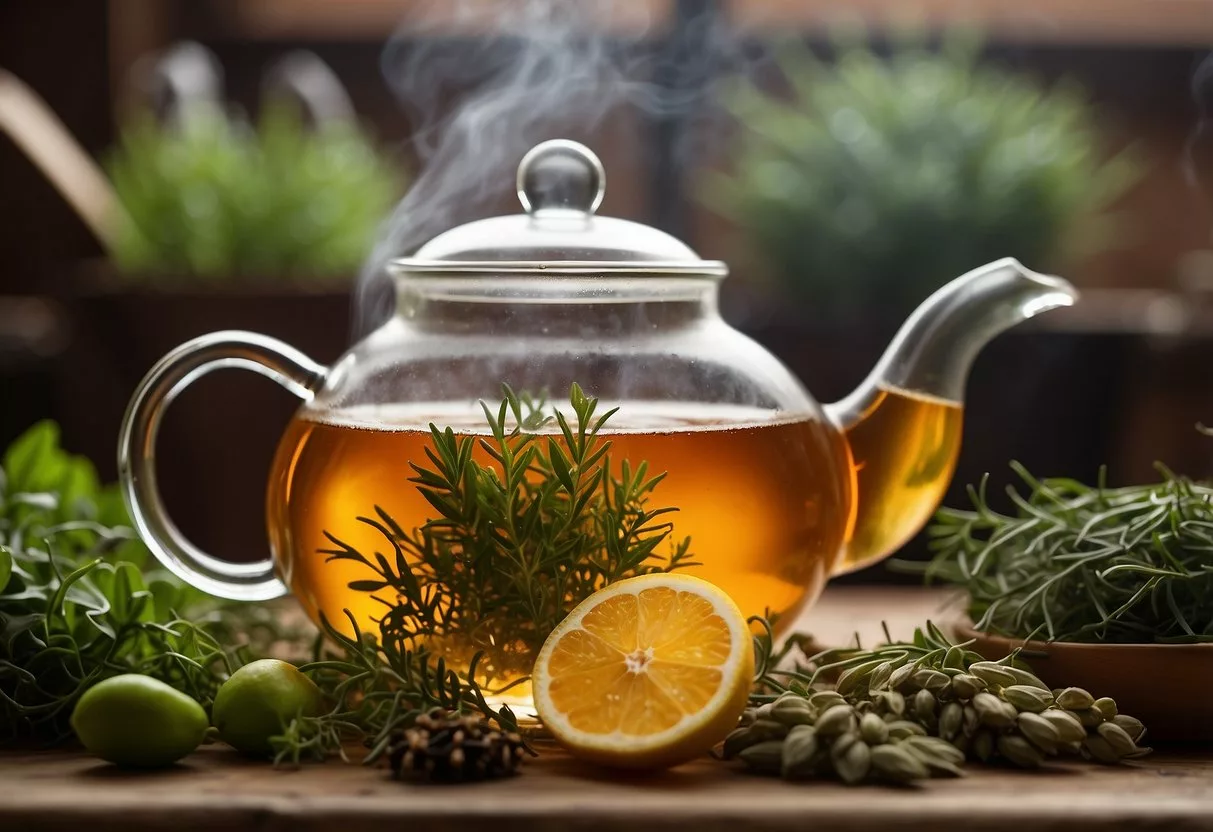 A teapot surrounded by various herbs and ingredients, with steam rising from the brew. A book of slimming tea recipes sits open nearby