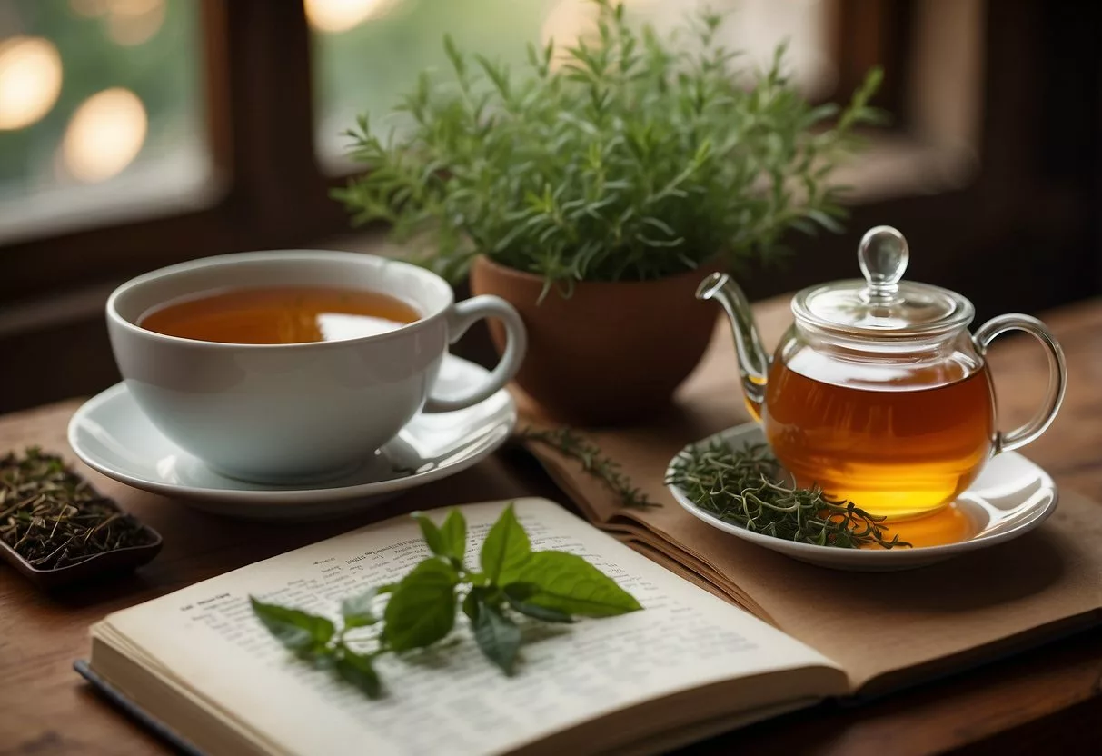 A table adorned with various herbs, fruits, and tea leaves. A steaming cup of slimming tea sits next to a recipe book, surrounded by a serene and inviting atmosphere