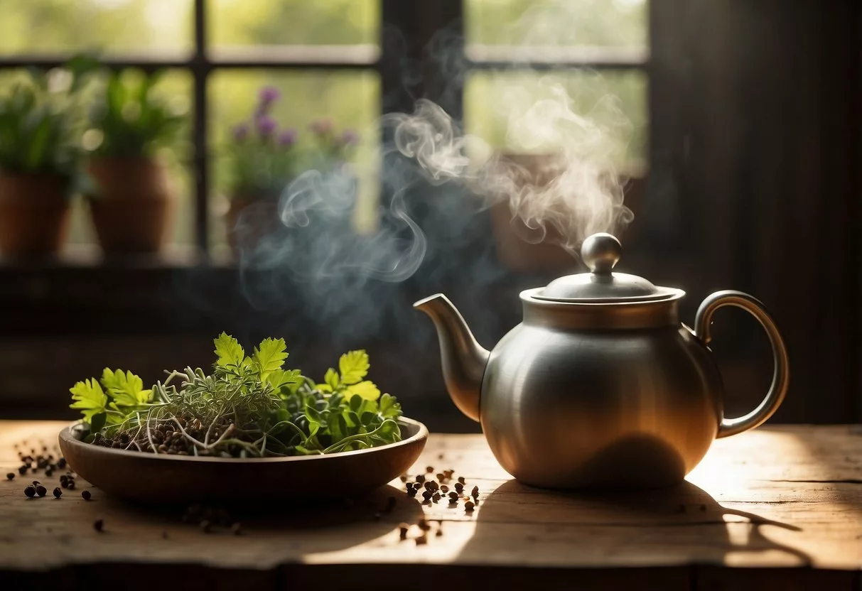 A steaming teapot sits on a rustic wooden table, surrounded by vibrant herbs and spices. A ray of sunlight filters through the window, illuminating the ingredients