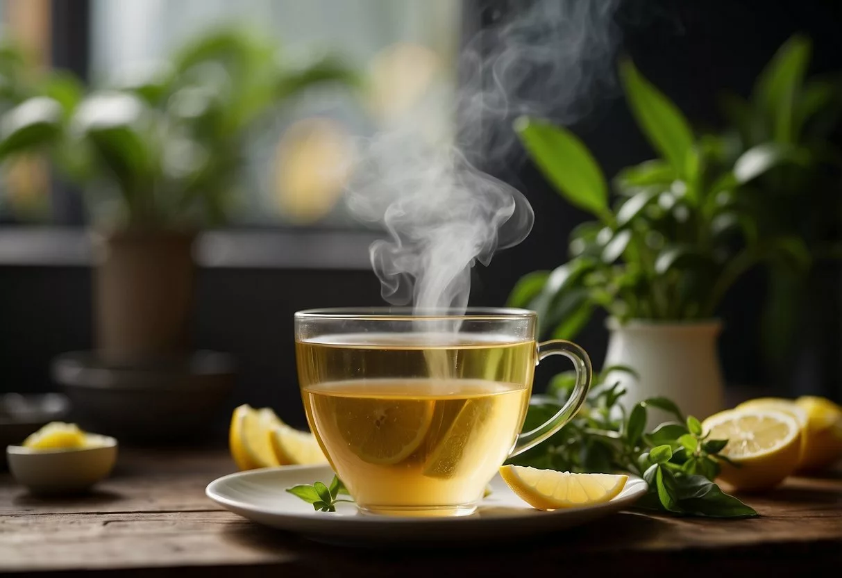 A steaming cup of slimming tea sits on a table, surrounded by fresh ingredients like ginger, lemon, and green tea leaves. A sense of tranquility and wellness emanates from the scene