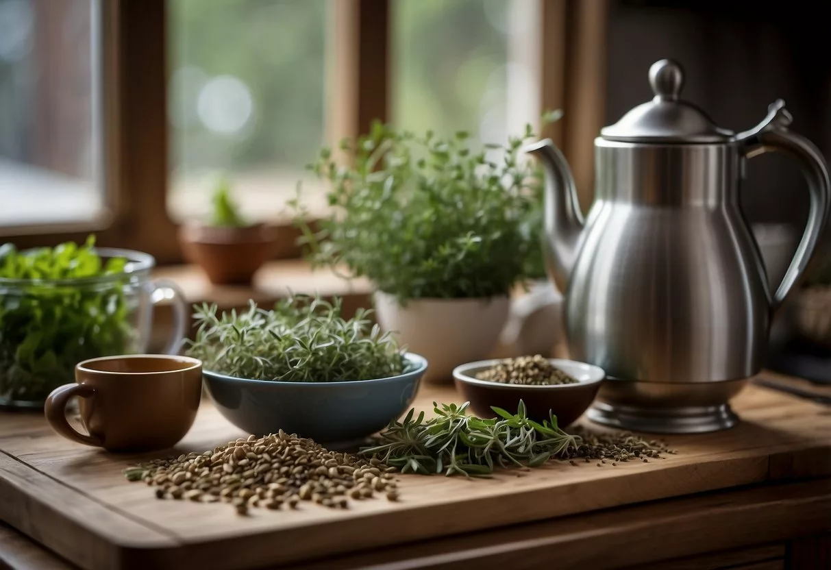 A serene kitchen counter with a variety of herbs and teas, a kettle steaming in the background. A book with slimming tea recipes open, surrounded by measuring spoons and a teapot