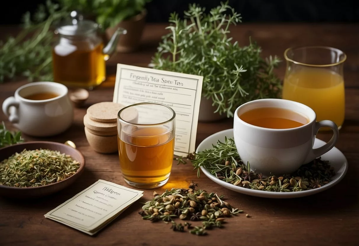 A table with various herbs and tea ingredients, a steaming cup of tea, and a stack of recipe cards labeled "Frequently Asked Questions Slimming Tea Recipes."