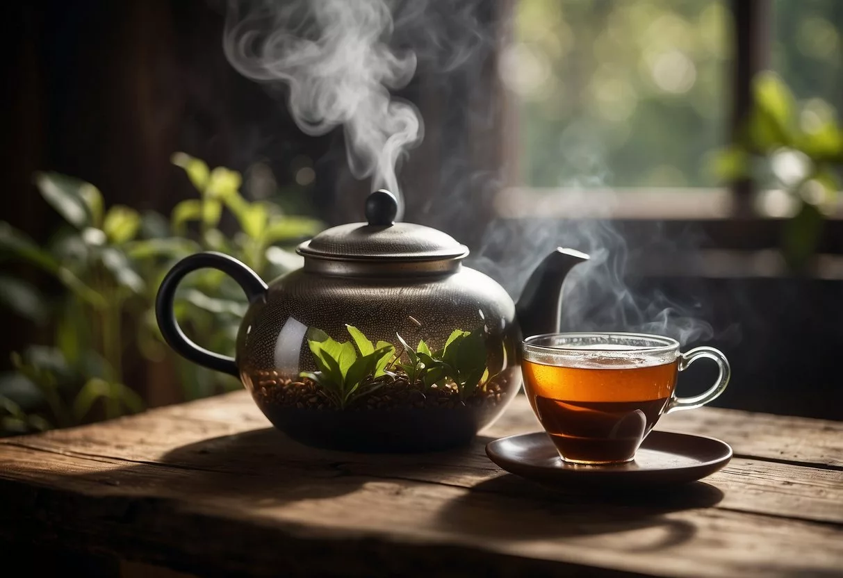A teapot sits on a rustic wooden table, steam rising from the freshly brewed tea. Surrounding the teapot are scattered tea leaves and a few delicate tea cups