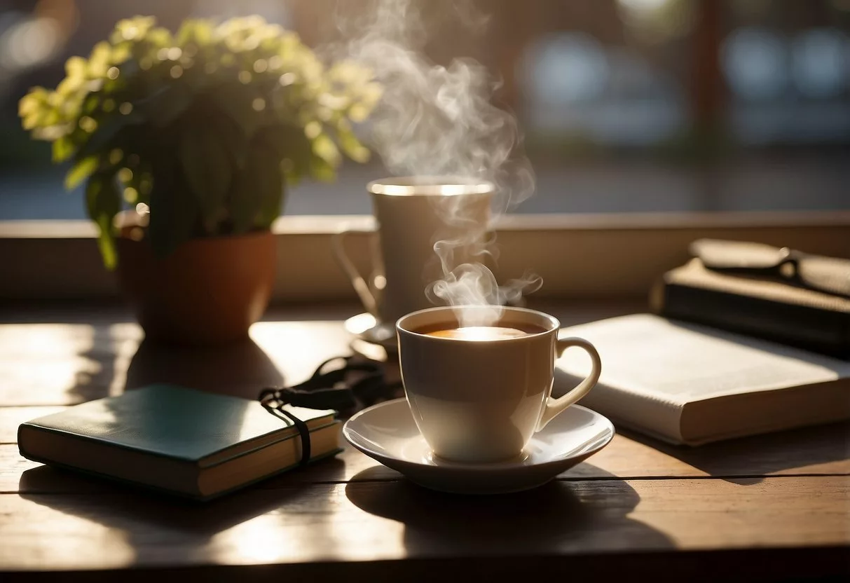 A steaming cup of tea sits on a wooden table, surrounded by a yoga mat, running shoes, and a journal. Sunlight streams through a window, casting a warm glow on the scene