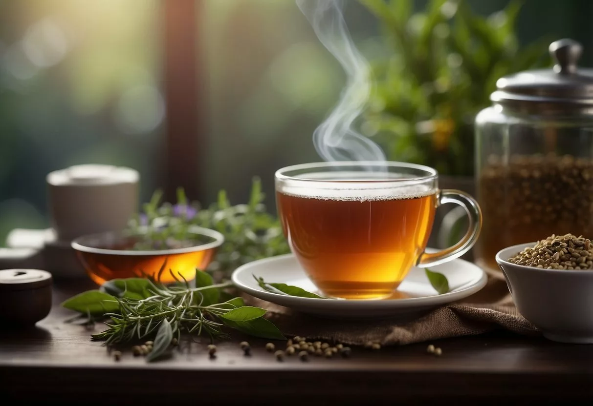 A steaming cup of tea sits on a table, surrounded by herbs and a bottle of supplements. A journal with health notes is open nearby