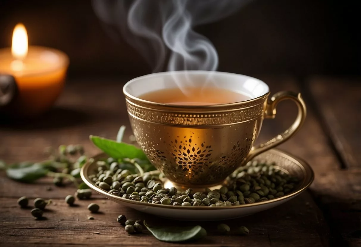 A steaming cup of tea sits on a rustic wooden table, surrounded by scattered tea leaves and a burning candle, creating a cozy and inviting atmosphere