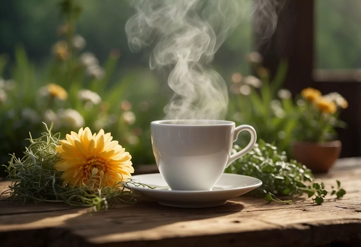 A steaming cup of tea sits on a rustic wooden table, surrounded by fresh herbs and flowers. The warm, inviting atmosphere suggests relaxation and wellness