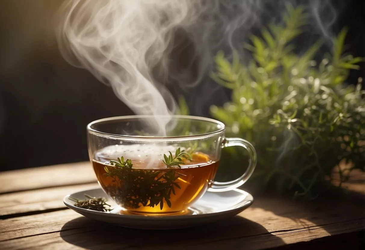A steaming cup of tea sits on a wooden table, surrounded by soothing herbs and ingredients. A gentle wisp of steam rises from the cup, creating a sense of warmth and relaxation