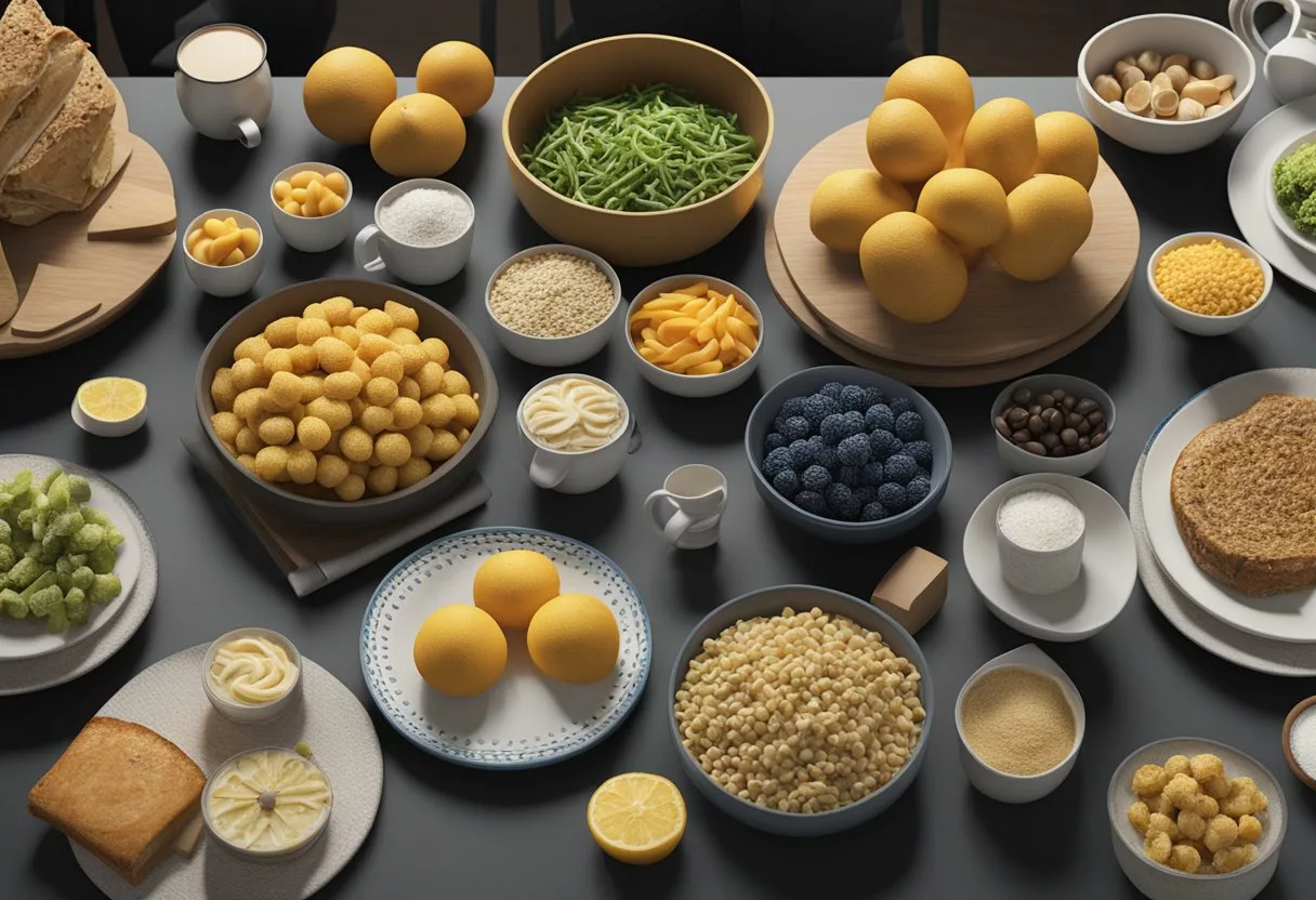 A table with various food items arranged in a pattern, representing different macronutrient ratios for carb cycling. Textbooks and research papers scattered around the table