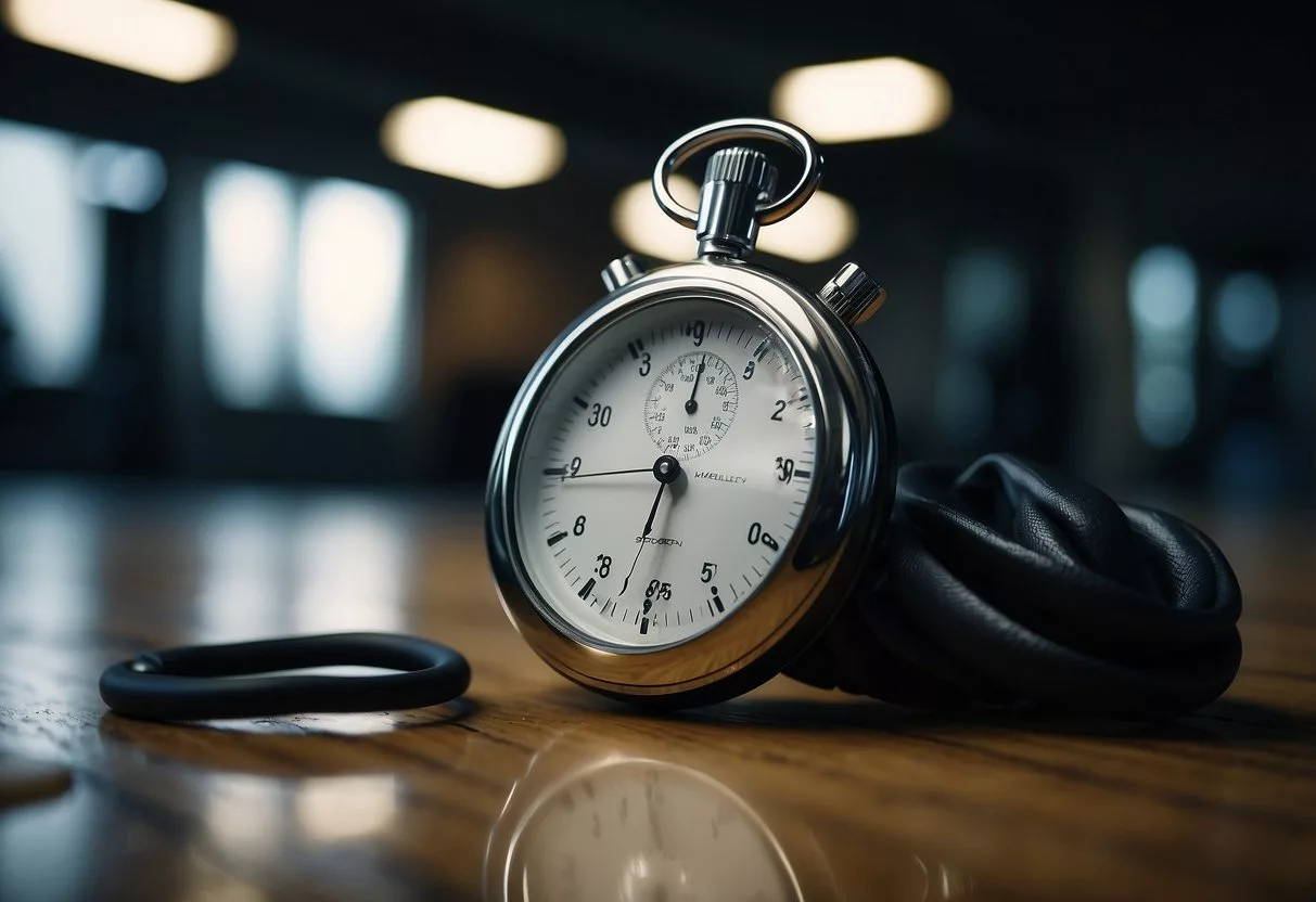 A stopwatch on a gym floor, surrounded by sweat droplets and heavy breathing. The room is dimly lit, with equipment scattered around