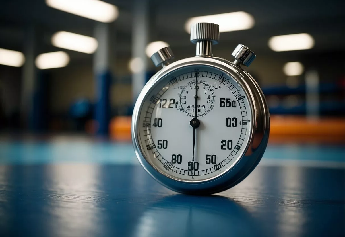 A stopwatch on a gym floor, surrounded by exercise equipment. Sweat drips down from the machines as the timer counts down