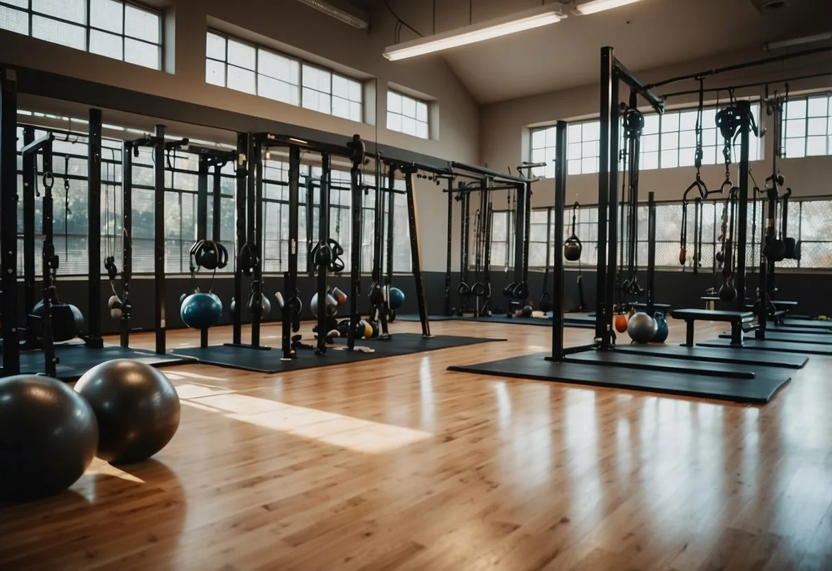 A gym setting with equipment for HIIT, such as kettlebells, jump ropes, and medicine balls. Bright lighting and energetic atmosphere