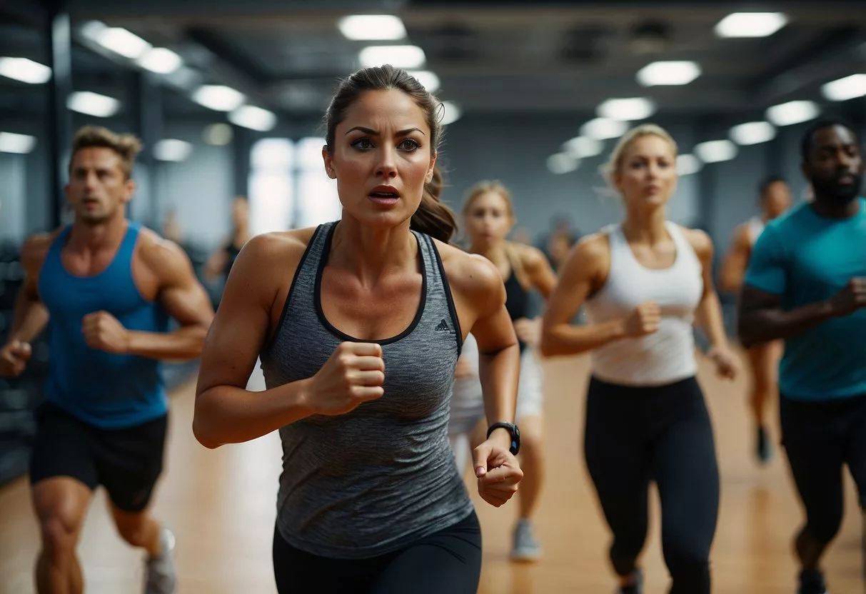 A group of people are engaged in intense cardio exercises, with sweat dripping down their faces and determined expressions. The gym is filled with energy and motivation