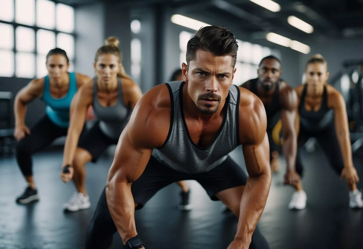 A group of people performing high intensity interval training exercises in a gym setting, with sweat dripping and intense expressions