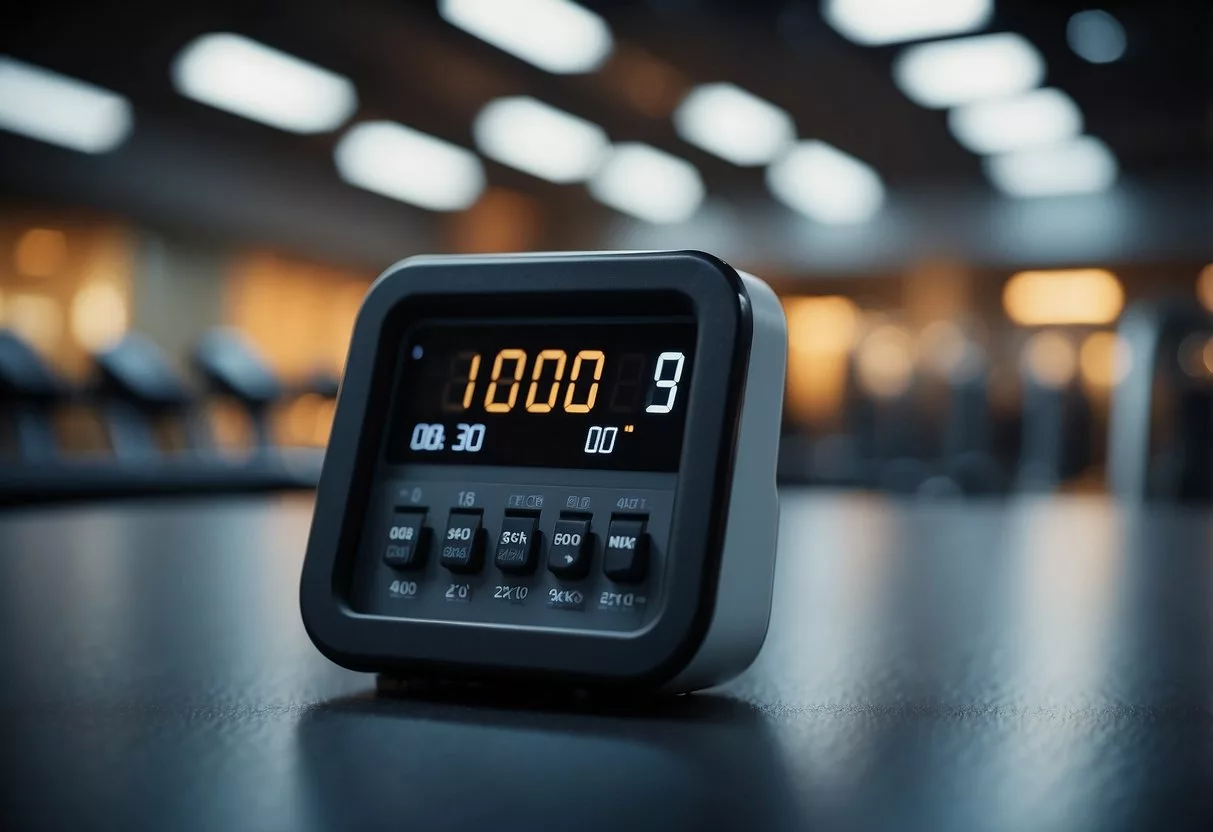 A digital timer displays 30 seconds, with a blurred background of a gym filled with equipment and energetic participants