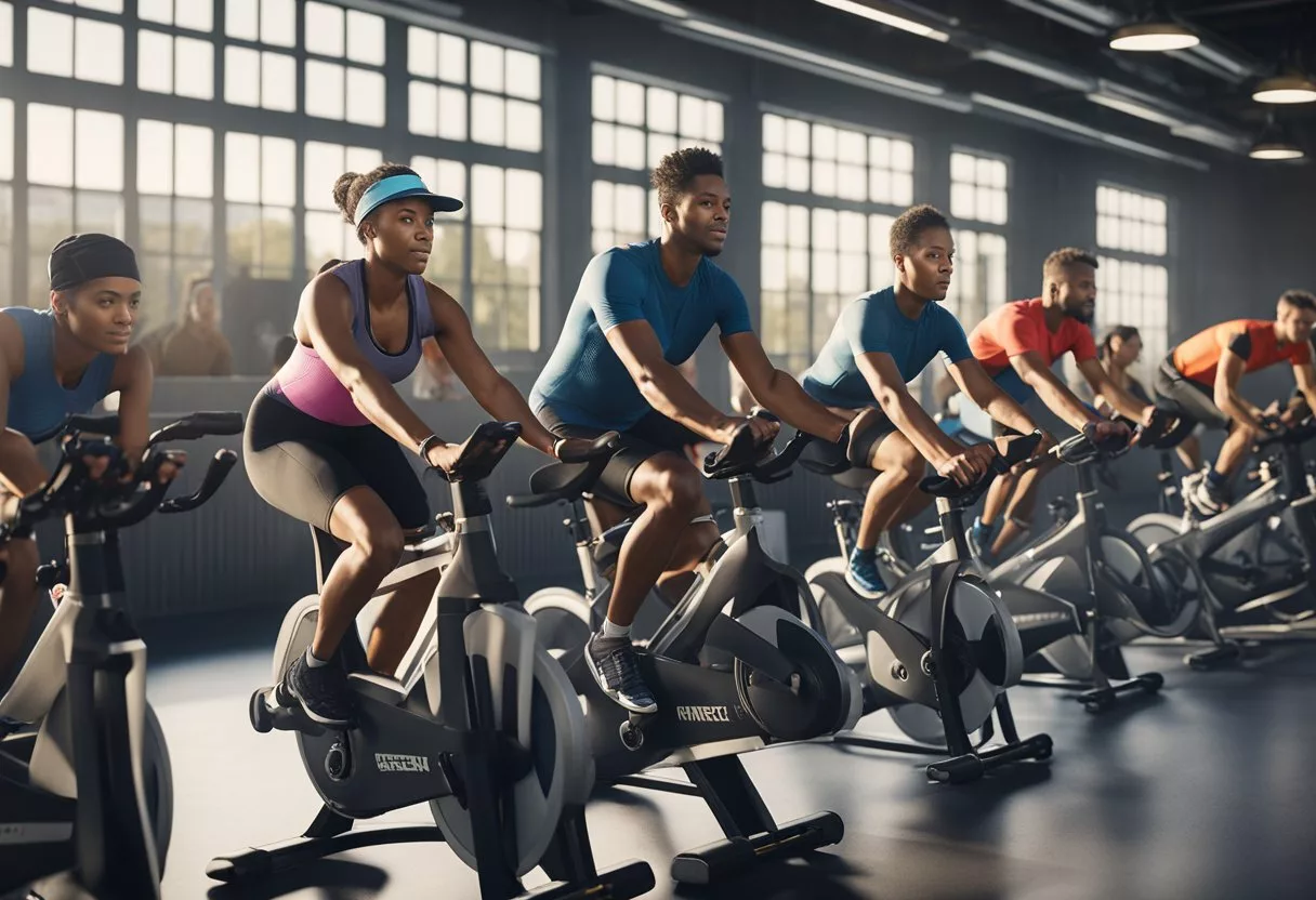 A diverse group of people engage in activities such as cycling, swimming, and rowing, all aimed at increasing their heart rates and enhancing the EPOC afterburn effect in fitness
